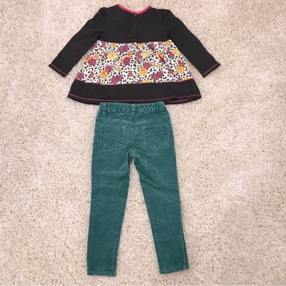 Bundle 2 Pcs Set Little Girls Floral Long sleeve top and Green Velvet Pant - Picture 2 of 16